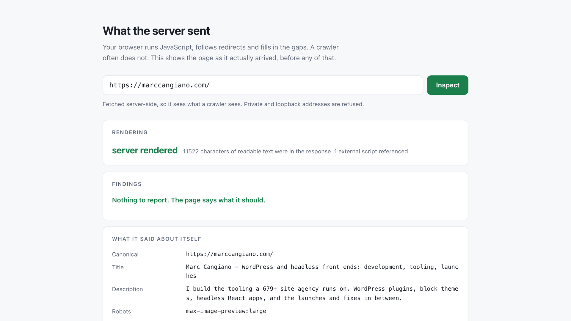 what-the-server-sent reporting on a live URL: server rendered, nothing to report